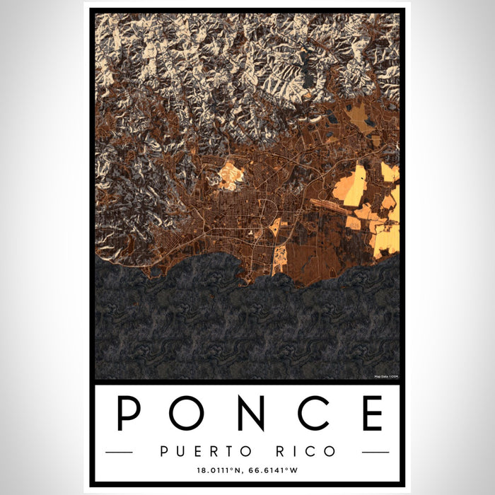 Ponce Puerto Rico Map Print Portrait Orientation in Ember Style With Shaded Background