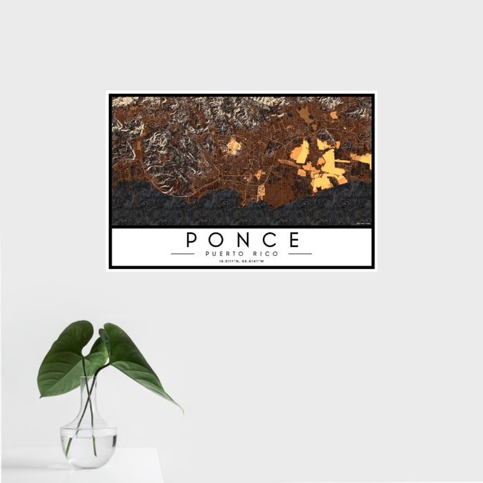 16x24 Ponce Puerto Rico Map Print Landscape Orientation in Ember Style With Tropical Plant Leaves in Water