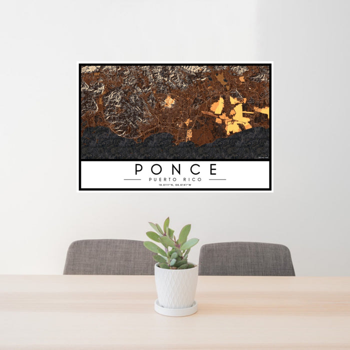 24x36 Ponce Puerto Rico Map Print Landscape Orientation in Ember Style Behind 2 Chairs Table and Potted Plant