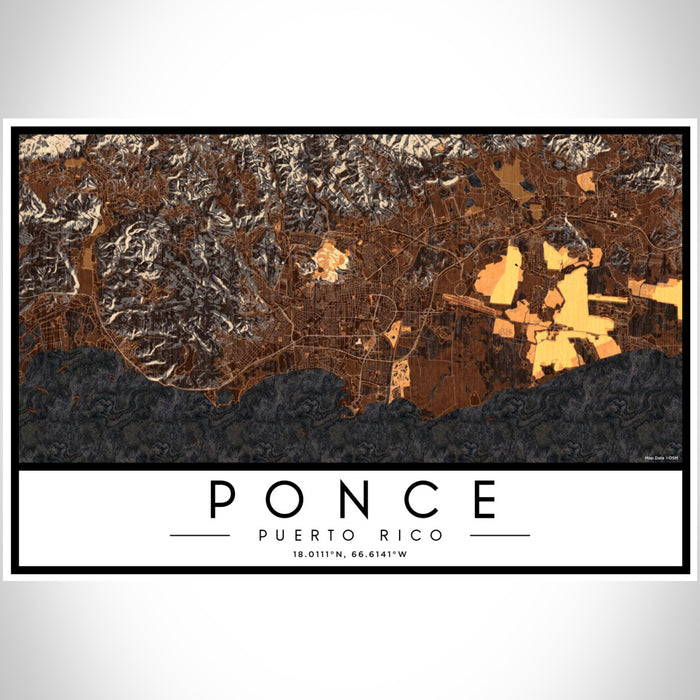 Ponce Puerto Rico Map Print Landscape Orientation in Ember Style With Shaded Background