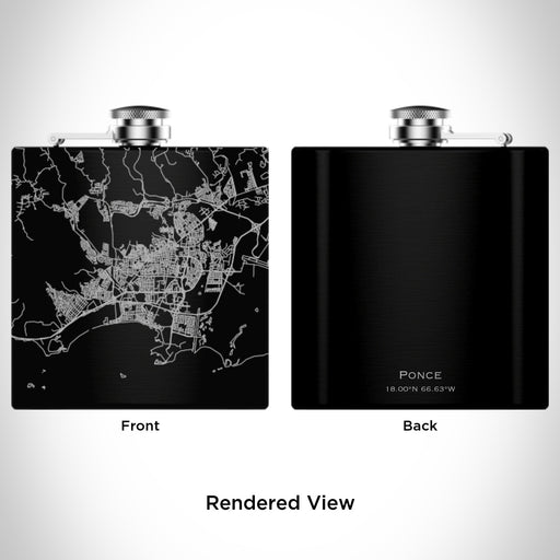 Rendered View of Ponce Puerto Rico Map Engraving on 6oz Stainless Steel Flask in Black
