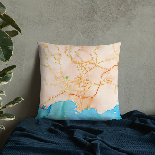 Custom Ponce Puerto Rico Map Throw Pillow in Watercolor on Bedding Against Wall