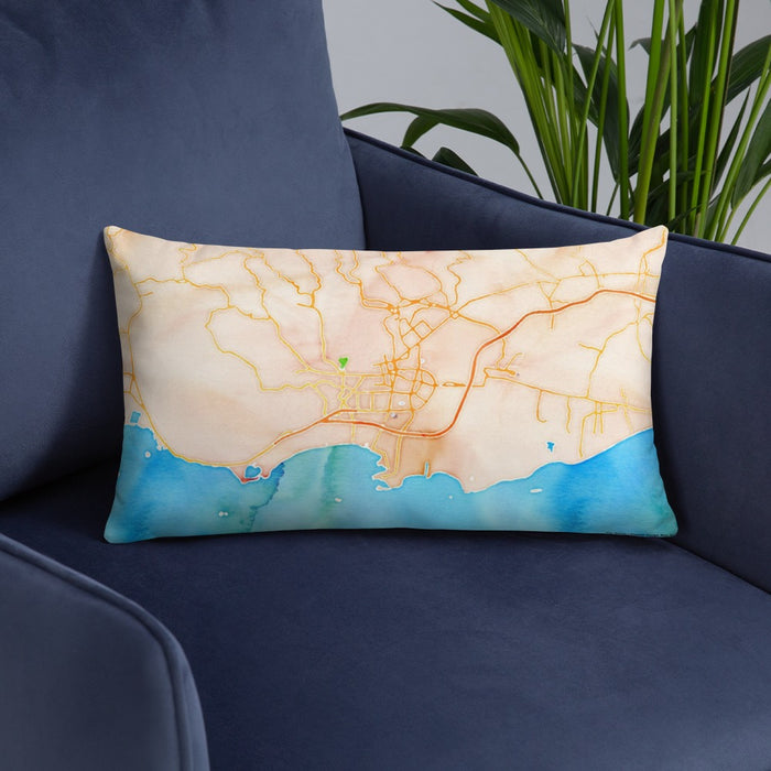 Custom Ponce Puerto Rico Map Throw Pillow in Watercolor on Blue Colored Chair