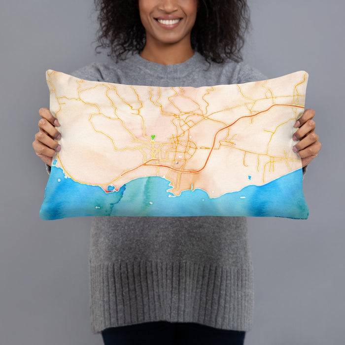 Person holding 20x12 Custom Ponce Puerto Rico Map Throw Pillow in Watercolor