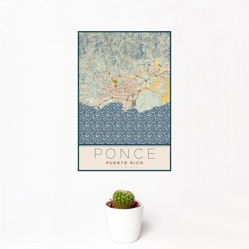12x18 Ponce Puerto Rico Map Print Portrait Orientation in Woodblock Style With Small Cactus Plant in White Planter