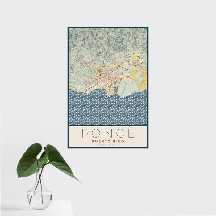 16x24 Ponce Puerto Rico Map Print Portrait Orientation in Woodblock Style With Tropical Plant Leaves in Water