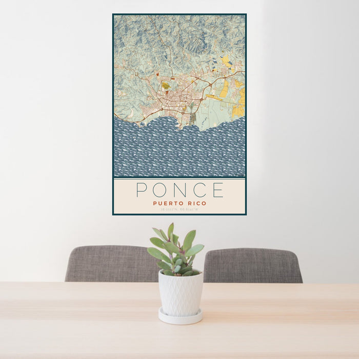 24x36 Ponce Puerto Rico Map Print Portrait Orientation in Woodblock Style Behind 2 Chairs Table and Potted Plant