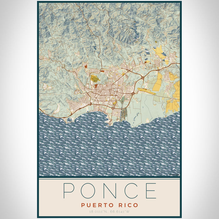 Ponce Puerto Rico Map Print Portrait Orientation in Woodblock Style With Shaded Background