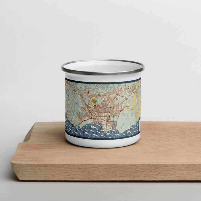 Front View Custom Ponce Puerto Rico Map Enamel Mug in Woodblock on Cutting Board