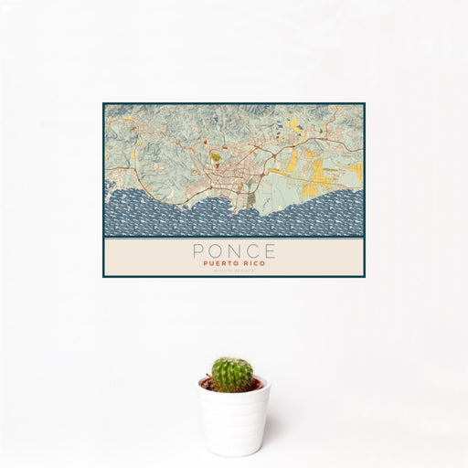 12x18 Ponce Puerto Rico Map Print Landscape Orientation in Woodblock Style With Small Cactus Plant in White Planter