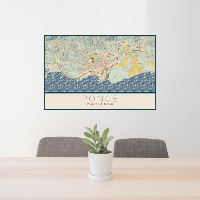 24x36 Ponce Puerto Rico Map Print Landscape Orientation in Woodblock Style Behind 2 Chairs Table and Potted Plant