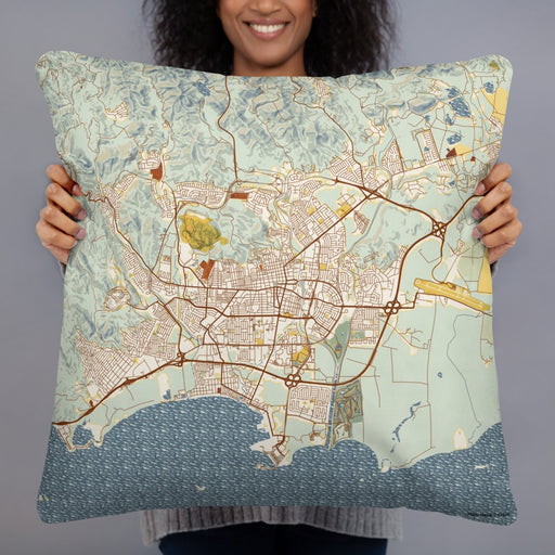 Person holding 22x22 Custom Ponce Puerto Rico Map Throw Pillow in Woodblock