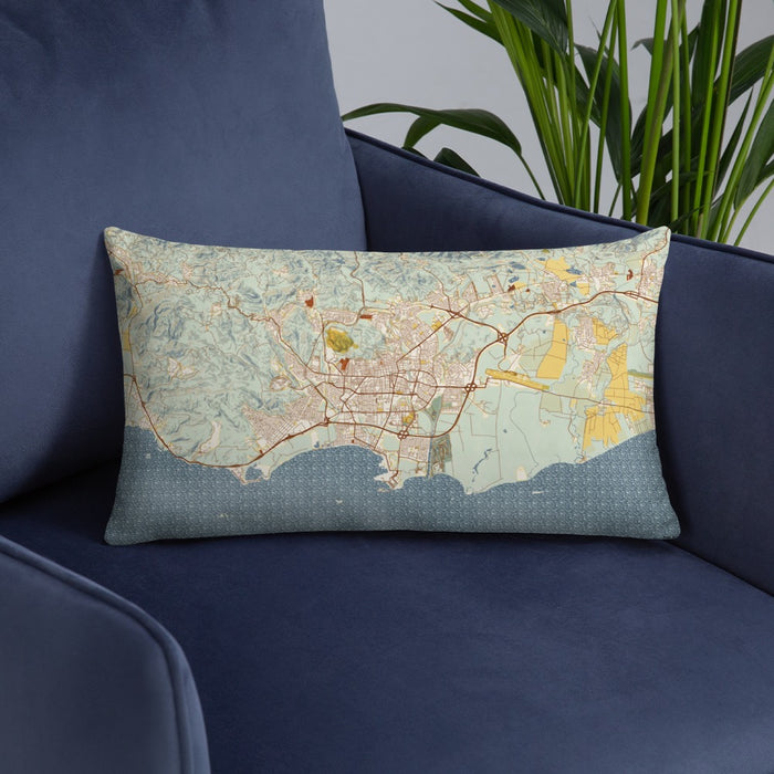 Custom Ponce Puerto Rico Map Throw Pillow in Woodblock on Blue Colored Chair