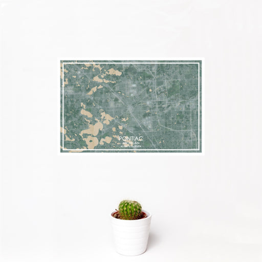 12x18 Pontiac Michigan Map Print Landscape Orientation in Afternoon Style With Small Cactus Plant in White Planter