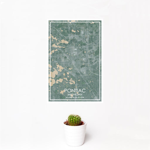 12x18 Pontiac Michigan Map Print Portrait Orientation in Afternoon Style With Small Cactus Plant in White Planter