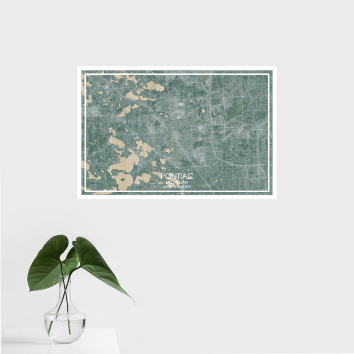 16x24 Pontiac Michigan Map Print Landscape Orientation in Afternoon Style With Tropical Plant Leaves in Water
