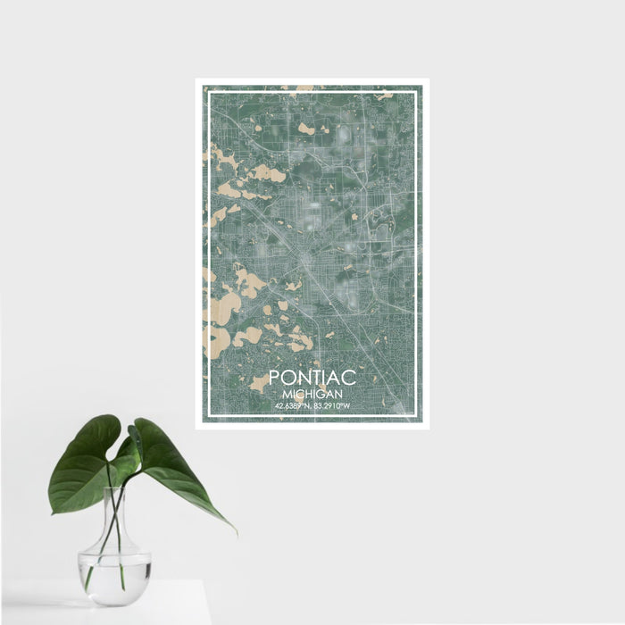 16x24 Pontiac Michigan Map Print Portrait Orientation in Afternoon Style With Tropical Plant Leaves in Water