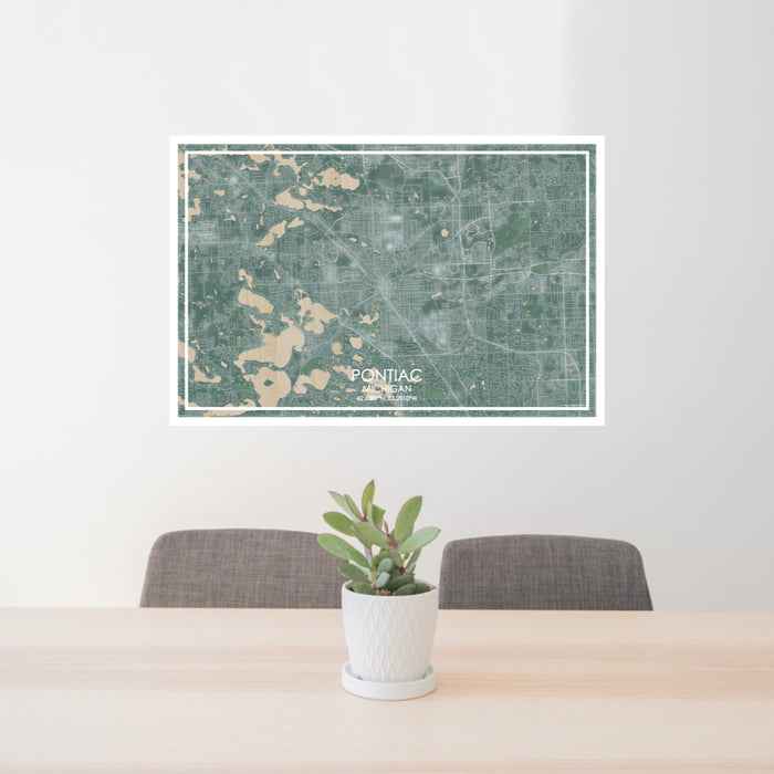 24x36 Pontiac Michigan Map Print Lanscape Orientation in Afternoon Style Behind 2 Chairs Table and Potted Plant