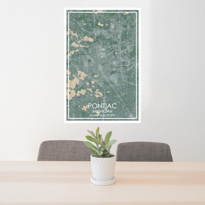 24x36 Pontiac Michigan Map Print Portrait Orientation in Afternoon Style Behind 2 Chairs Table and Potted Plant