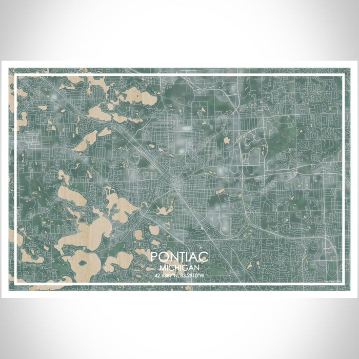 Pontiac Michigan Map Print Landscape Orientation in Afternoon Style With Shaded Background