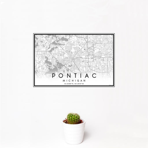 12x18 Pontiac Michigan Map Print Landscape Orientation in Classic Style With Small Cactus Plant in White Planter