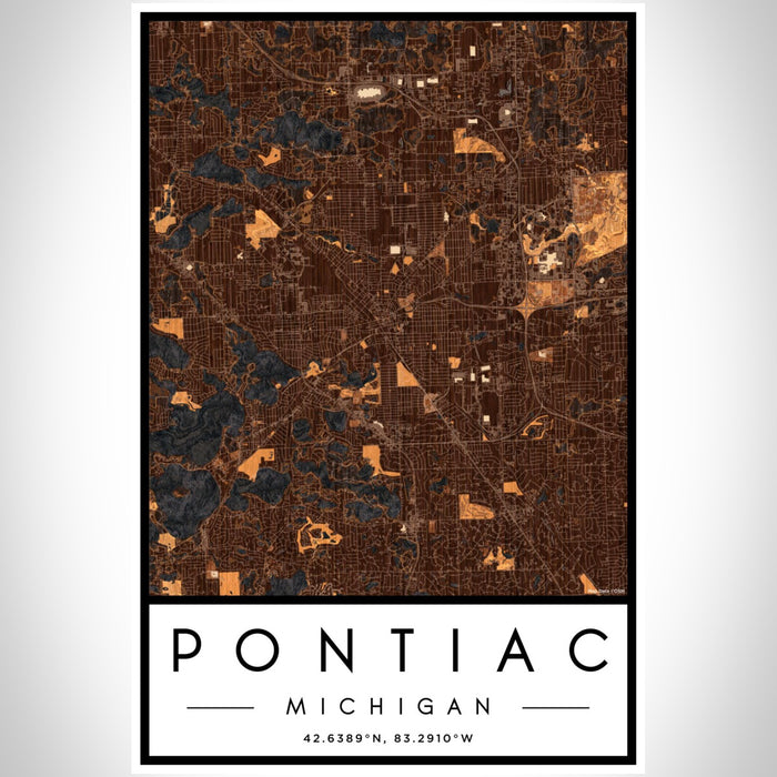 Pontiac Michigan Map Print Portrait Orientation in Ember Style With Shaded Background