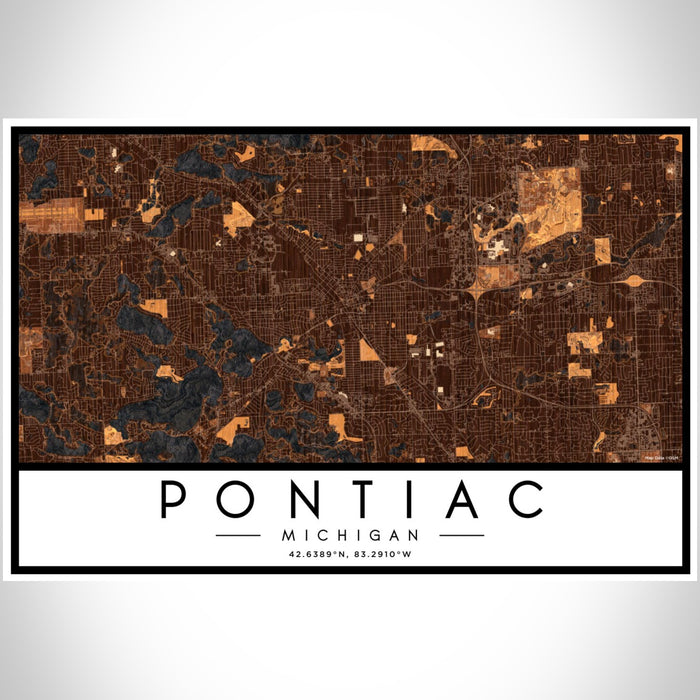 Pontiac Michigan Map Print Landscape Orientation in Ember Style With Shaded Background