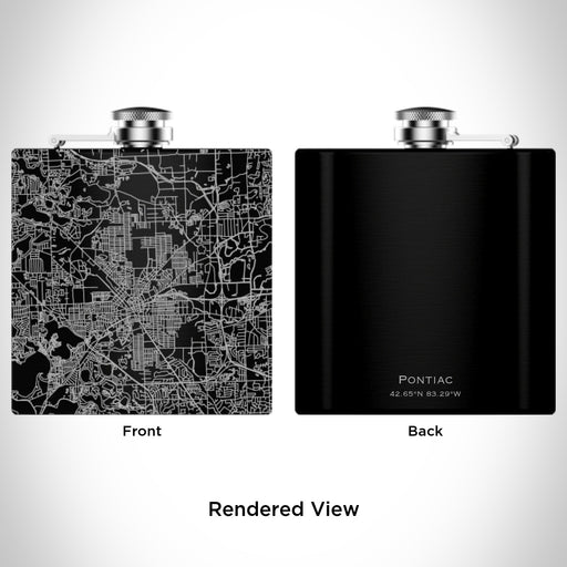 Rendered View of Pontiac Michigan Map Engraving on 6oz Stainless Steel Flask in Black