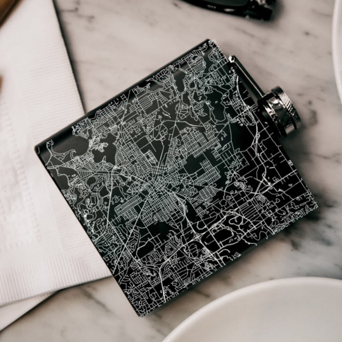 Pontiac Michigan Custom Engraved City Map Inscription Coordinates on 6oz Stainless Steel Flask in Black