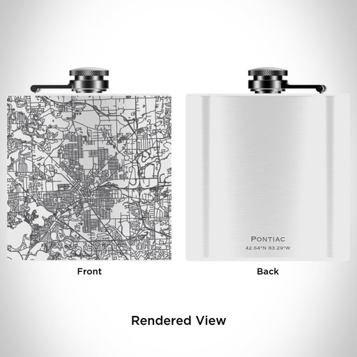 Rendered View of Pontiac Michigan Map Engraving on 6oz Stainless Steel Flask in White
