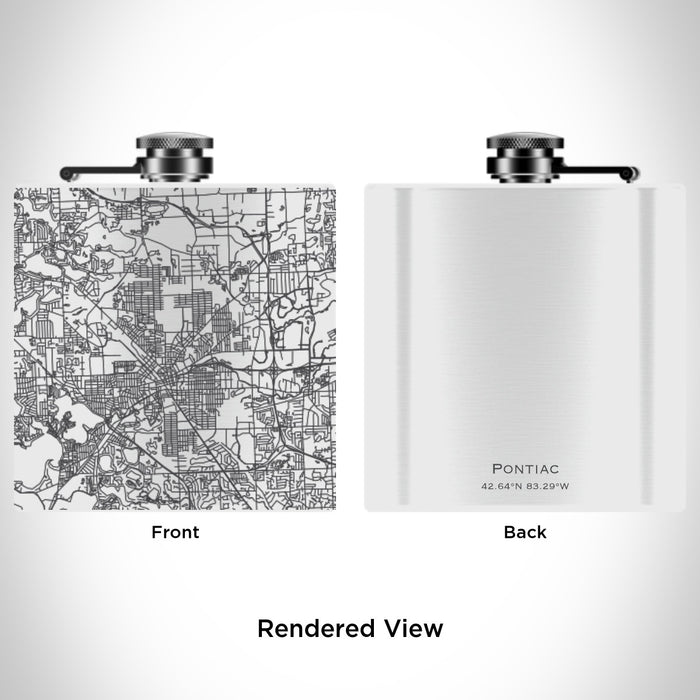Rendered View of Pontiac Michigan Map Engraving on 6oz Stainless Steel Flask in White