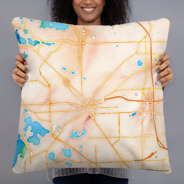 Person holding 22x22 Custom Pontiac Michigan Map Throw Pillow in Watercolor