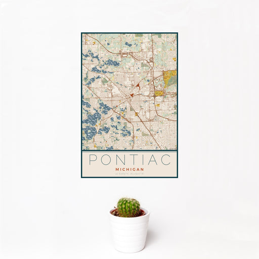 12x18 Pontiac Michigan Map Print Portrait Orientation in Woodblock Style With Small Cactus Plant in White Planter