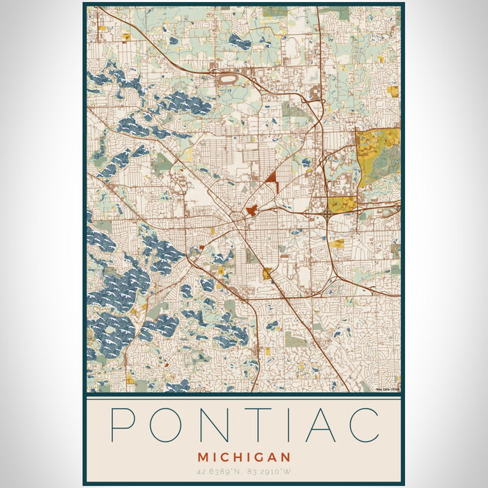 Pontiac Michigan Map Print Portrait Orientation in Woodblock Style With Shaded Background