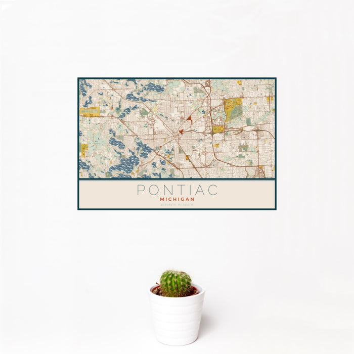 12x18 Pontiac Michigan Map Print Landscape Orientation in Woodblock Style With Small Cactus Plant in White Planter