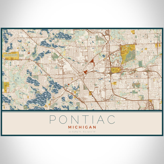 Pontiac Michigan Map Print Landscape Orientation in Woodblock Style With Shaded Background