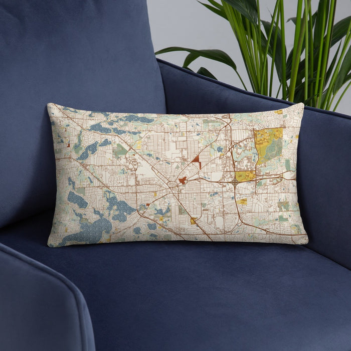 Custom Pontiac Michigan Map Throw Pillow in Woodblock on Blue Colored Chair