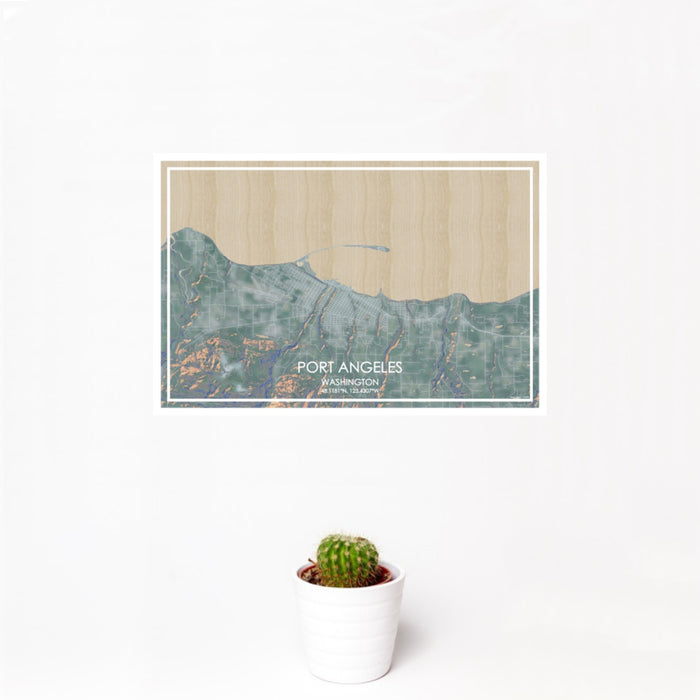 12x18 Port Angeles Washington Map Print Landscape Orientation in Afternoon Style With Small Cactus Plant in White Planter