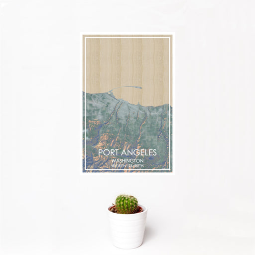 12x18 Port Angeles Washington Map Print Portrait Orientation in Afternoon Style With Small Cactus Plant in White Planter