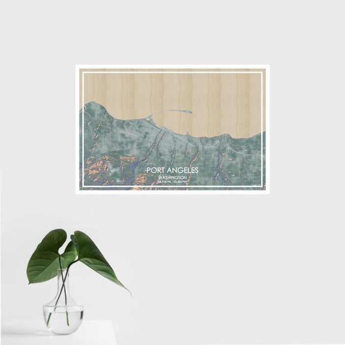 16x24 Port Angeles Washington Map Print Landscape Orientation in Afternoon Style With Tropical Plant Leaves in Water