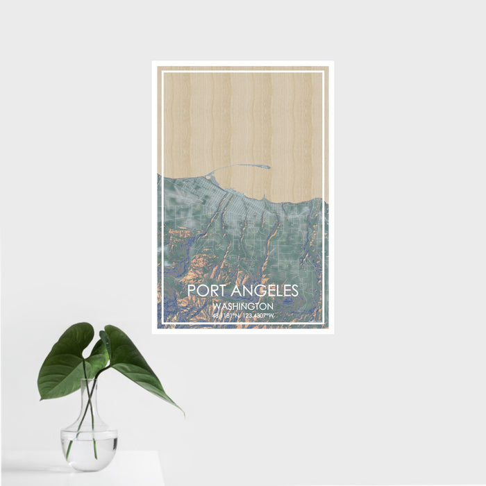 16x24 Port Angeles Washington Map Print Portrait Orientation in Afternoon Style With Tropical Plant Leaves in Water