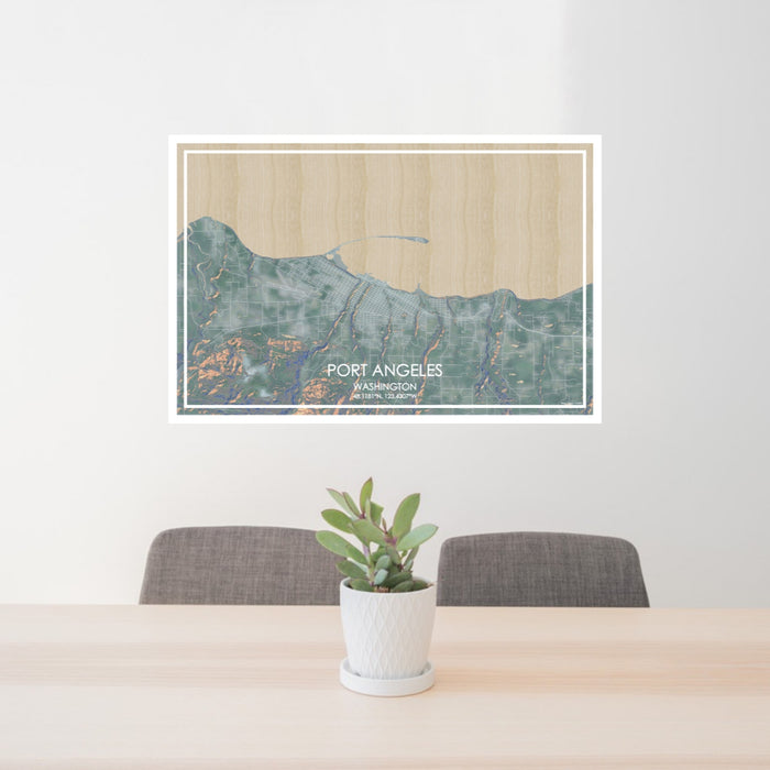 24x36 Port Angeles Washington Map Print Lanscape Orientation in Afternoon Style Behind 2 Chairs Table and Potted Plant
