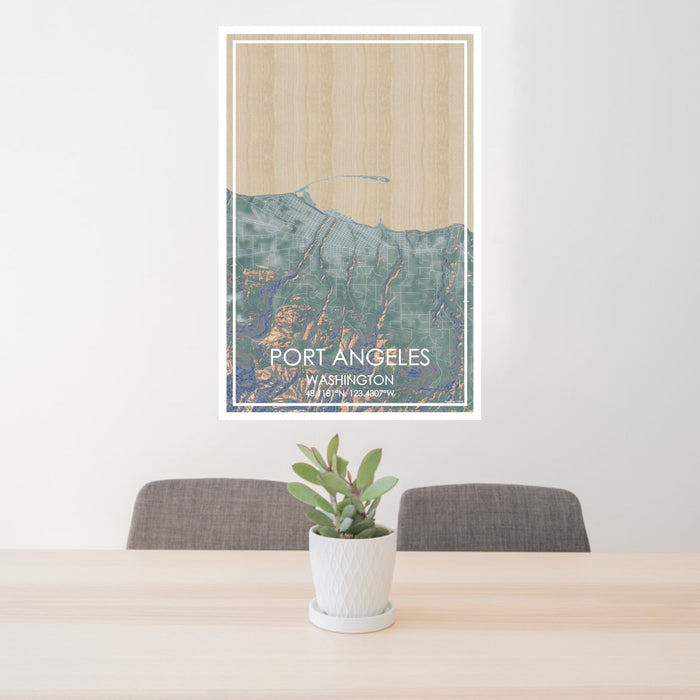 24x36 Port Angeles Washington Map Print Portrait Orientation in Afternoon Style Behind 2 Chairs Table and Potted Plant