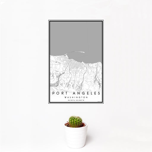 12x18 Port Angeles Washington Map Print Portrait Orientation in Classic Style With Small Cactus Plant in White Planter