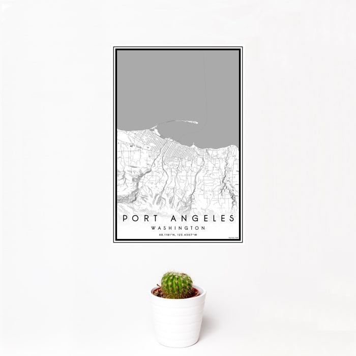 12x18 Port Angeles Washington Map Print Portrait Orientation in Classic Style With Small Cactus Plant in White Planter