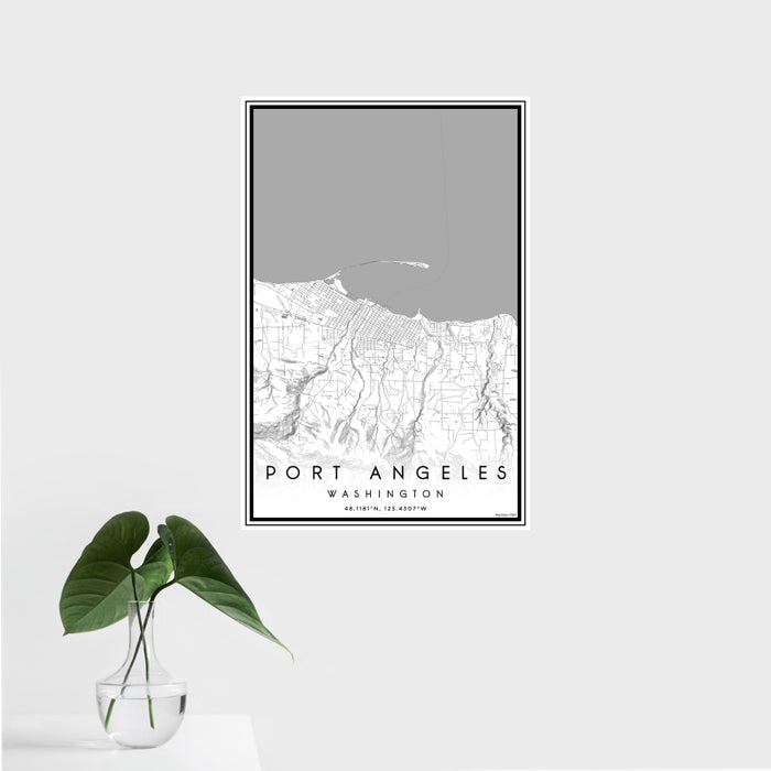 16x24 Port Angeles Washington Map Print Portrait Orientation in Classic Style With Tropical Plant Leaves in Water