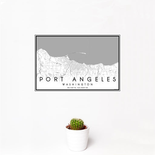12x18 Port Angeles Washington Map Print Landscape Orientation in Classic Style With Small Cactus Plant in White Planter