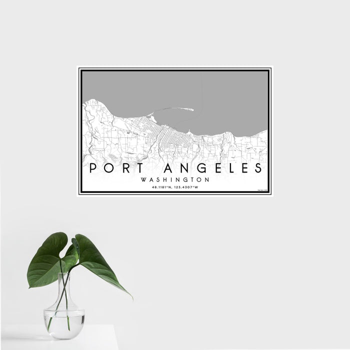 16x24 Port Angeles Washington Map Print Landscape Orientation in Classic Style With Tropical Plant Leaves in Water