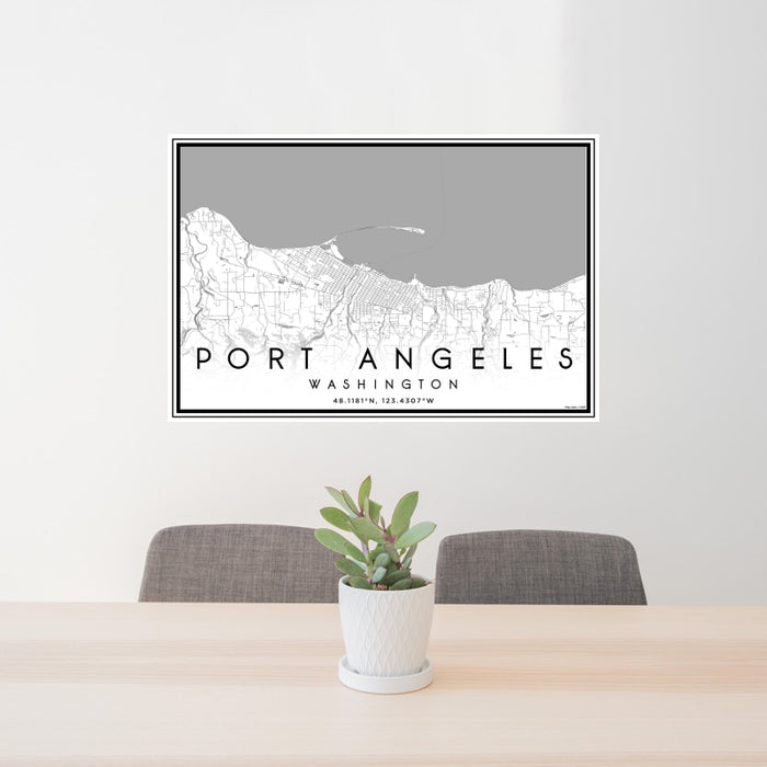 24x36 Port Angeles Washington Map Print Landscape Orientation in Classic Style Behind 2 Chairs Table and Potted Plant