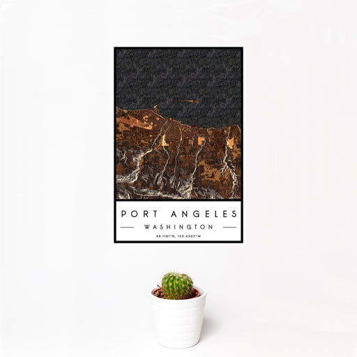 12x18 Port Angeles Washington Map Print Portrait Orientation in Ember Style With Small Cactus Plant in White Planter